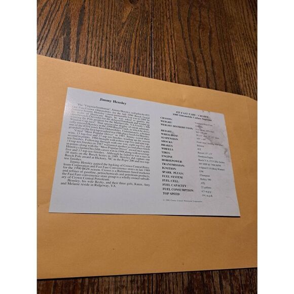 Vintage 1990 Jimmy Hensley NASCAR Driver Card #25 Fast Fare Crown Oldsmobile - Picture 3 of 4